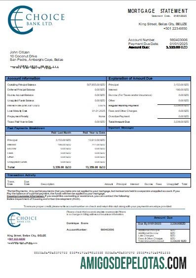 Extrato de hipoteca do Belize Choice Bank Scr exemplo real